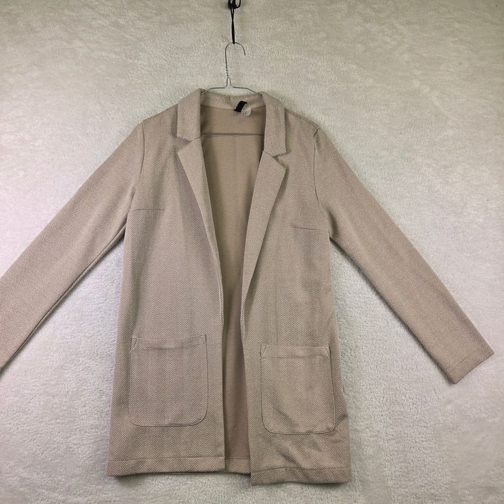 HM Divided Womens XS Tan Herringbone Open Front Knit Blazer Jacket Pockets 4240